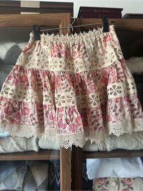 Cream Mini Skirt with Pink Floral Pattern and Crochet Trim